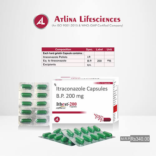 Product Name: Itbest 200, Compositions of Itraconazole Capsules  Bp 200 mg are Itraconazole Capsules  Bp 200 mg - Atlina LifeSciences Private Limited