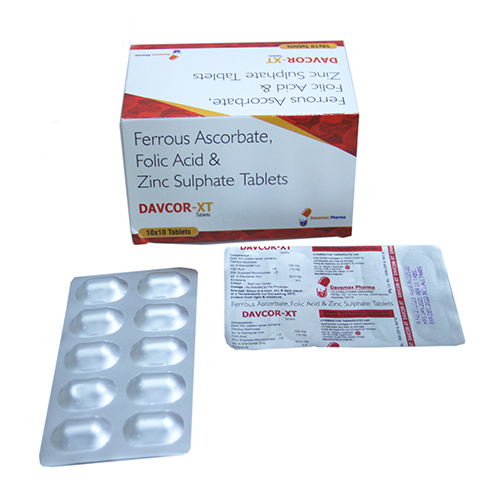 Product Name: Davcor XT, Compositions of Davcor XT are Ferrous Ascrobate, Folic Acid & Zinc Sulphate Tablets - Davemax Pharma