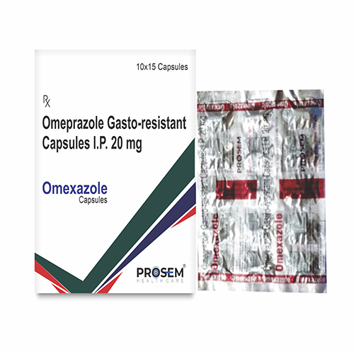 Product Name: Omexazole, Compositions of Omexazole are Omeprazole Gasto-resistant Capsules I.P.20mg - Prosem Healthcare