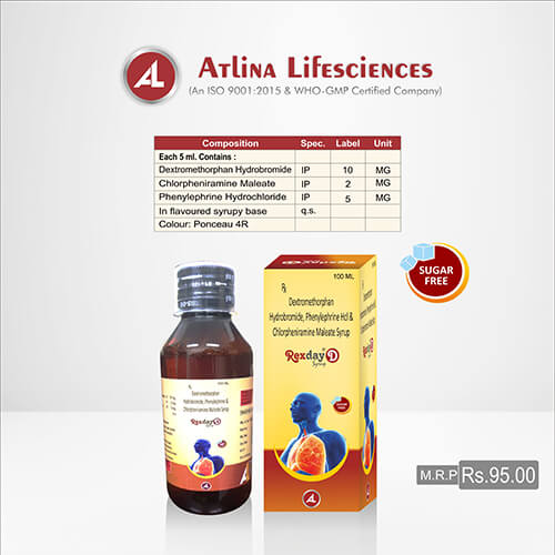 Product Name: Rexday D, Compositions of Rexday D are Dextromethorphan Hydrobromide,Phenylephrin Hydrochloride and Chlorpheniramine Maleate Syrup - Atlina LifeSciences Private Limited