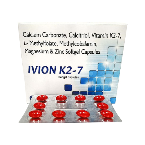 Product Name: IVION K2 7, Compositions of IVION K2 7 are Calcium Carbonate, Calcitriol, Vitamin K2-7, L-Methylfolate, Methylcobalamin, Magnesium & Zinc Softgel Capsules - Insta Care Lifesciences