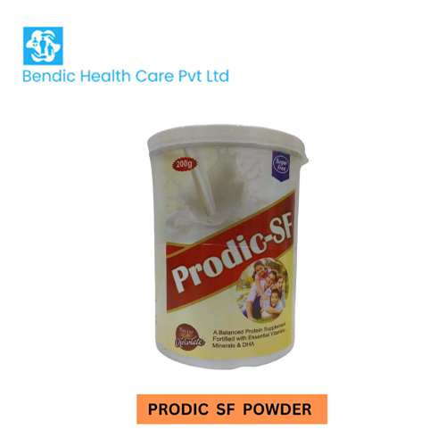 Product Name: PRODIC SF, Compositions of A Balanced Protein Supplement Fortified with essential Vitamins, Minerals & DHA are A Balanced Protein Supplement Fortified with essential Vitamins, Minerals & DHA - Bendic Healthcare Private Limited