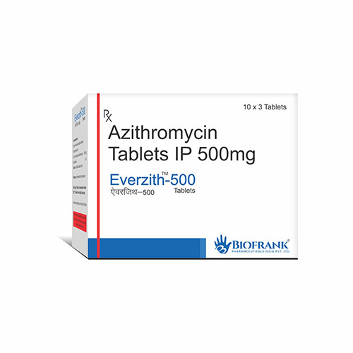 Product Name: Everzith 500, Compositions of Everzith 500 are Azithromycin Tablets IP 500 mg - Biofrank Pharmaceuticals India Private Limited
