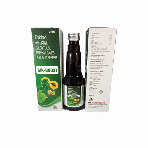 Product Name: MK BOOST, Compositions of MK BOOST are Enriched with KIWI, GILOY,TULSI, PAPAYA LEAVES & BLACK PEPPER - MK Healthcare