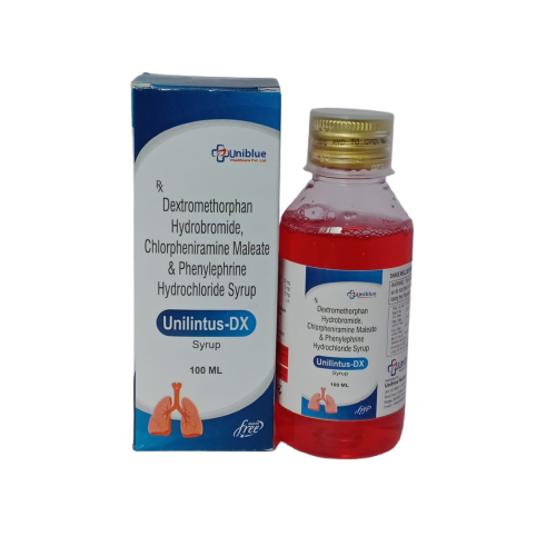 Product Name: Unilintus DX, Compositions of Unilintus DX are Dextromethorphan Hydrobromide, Chlorpheniramine Maleate & Phenylephrine Hydrochloride Syrup - Uniblue Healthcare Private Limited