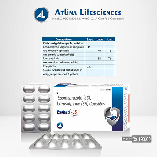 Product Name: Esobact LS, Compositions of Esobact LS are Esomeprazole (EC) & Domperidone (SR) Capsules - Atlina LifeSciences Private Limited