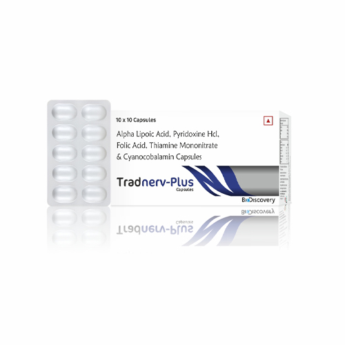 Product Name: Tradnerv Plus, Compositions of Tradnerv Plus are Alpha Lipoic Acid, Pyridoxine Hcl, Folic Acid, Thiamine Mononitrate & Cyanocobalamin Capsules - Biodiscovery Lifesciences Private Limited