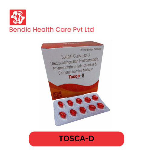 Product Name: Tosca D, Compositions of Softgel Capsules of Dextromethorphan Hydrobromide, Phenylephrine Hydrochloride & Chlopheniramine Maleate  are Softgel Capsules of Dextromethorphan Hydrobromide, Phenylephrine Hydrochloride & Chlopheniramine Maleate  - Bendic Healthcare Private Limited