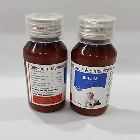 Product Name: Ellfo M, Compositions of Ellfo M are Ofloxacin, Metronidazole & Simethicone Suspension - Ellanjey Lifesciences