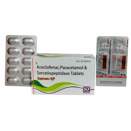 Product Name: SAINAC SP, Compositions of SAINAC SP are Aceclofenac, Paracetamol & Serratiopeptidase Tablets  - Access Life Science