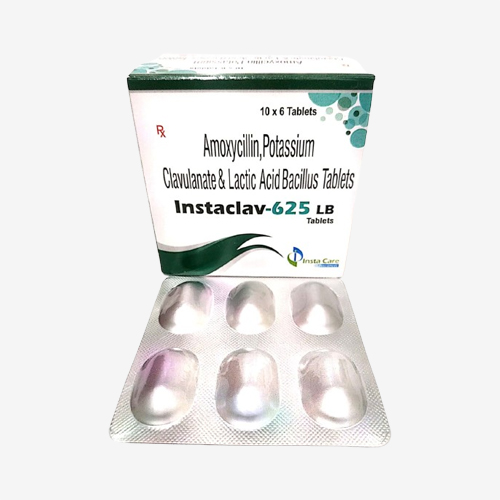 Product Name: INSTACLAV 625 LB, Compositions of INSTACLAV 625 LB are Amoxcillin, Potassium Clavulanate & Lactic Acid Bacillus Tablets - Insta Care Lifesciences