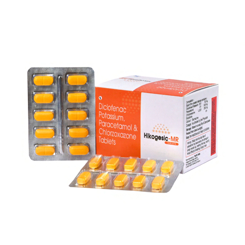 Product Name: Hikogesic MR, Compositions of Hikogesic MR are Diclofenac Potassium. Paracetamol & Chiarzoxazone Tablets - Hikona Lifesciences