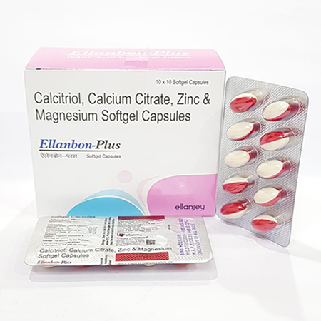 Product Name: Ellanbon Plus, Compositions of Ellanbon Plus are Calcitriol, Calcium Citarte, Zinc & Magnesium Softgek Capsules - Ellanjey Lifesciences