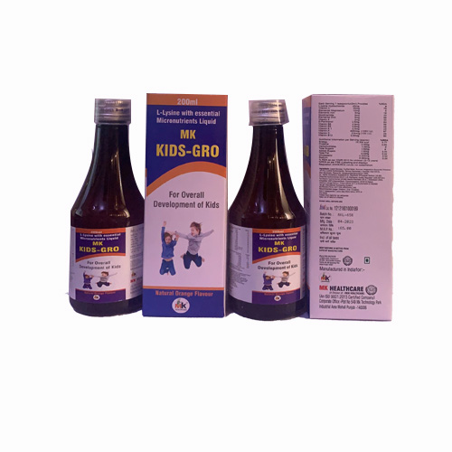 Product Name: MK KIDS GRO, Compositions of MK KIDS GRO are L-Lysine with essential Micronutrients Liquid - MK Healthcare