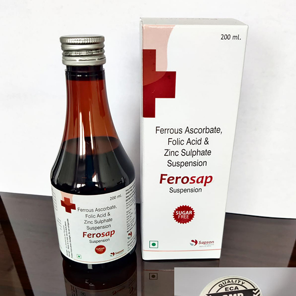 Product Name: ferosap, Compositions of ferosap are Ferrous Ascorbate folic Acid & Zinc Sulphate Suspension - Sapson Pharma