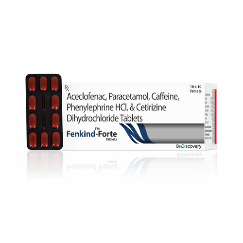 Product Name: Fenkind Forte, Compositions of Fenkind Forte are Aceclofenac, Paracetamol, Caffeine, Phenylephrine HCl. & Cetirizine Dihydrochloride Tablets - Biodiscovery Lifesciences Private Limited