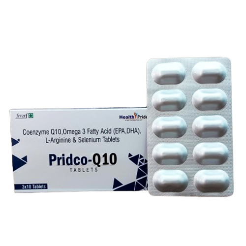 Product Name: PRIDCO Q10, Compositions of PRIDCO Q10 are Coenzyme Q-10, Omega 3 Fatty Acid (EPA,DHA), L-Arginine & Selenium Tablets - Health Pride