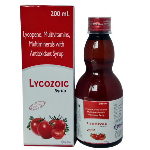 Product Name: LYCOZOIC, Compositions of LYCOZOIC are Lycopene, Multivitamins, Multiminerals with Antioxidant Syrup - Uniblue Healthcare Private Limited