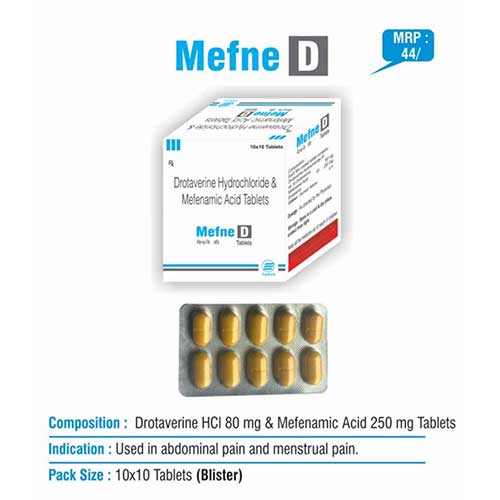 Product Name: Mefne D, Compositions of Mefne D are Droteverine Hydrohloride & Mefenamic Acid Tablets - Euphoria India Pharmaceuticals