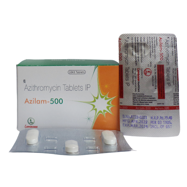 Product Name: Azilam 500, Compositions of Azilam 500 are Azithromycin Tablets IP - Lamiaceae HealthCare