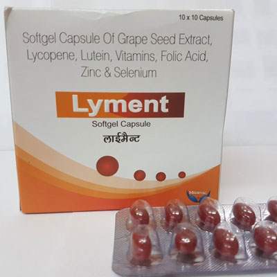 Product Name: LYMENT, Compositions of LYMENT are Softgel Capsule of Grape Seed Extract, Lycopene, Lutein, Vitamin, Folic acid, Zinc & Selenium - Cubic Lifesciences Private Limited