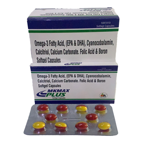 Product Name: CPLUS MKMAX, Compositions of Omega-3 Fatty Acid, (EPA & DHA), Cyanocobalamin, Calcitriol, Calcium Carbonate. Folic Acid & Boron Softgel Capsules are Omega-3 Fatty Acid, (EPA & DHA), Cyanocobalamin, Calcitriol, Calcium Carbonate. Folic Acid & Boron Softgel Capsules - MK Healthcare