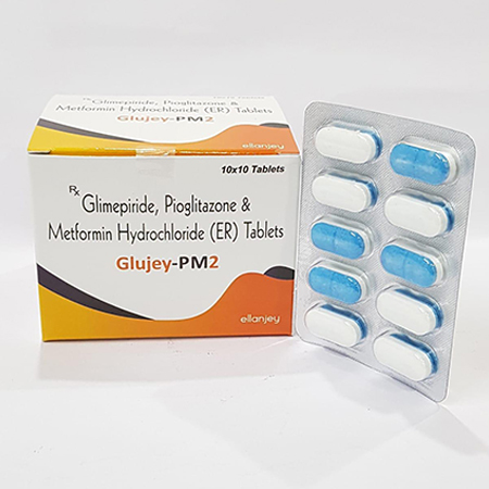 Product Name: Glujey PM2, Compositions of Glujey PM2 are Glimepiride,Pioglitazone & Metformin Hydrochloride (ER) Tablets - Ellanjey Lifesciences