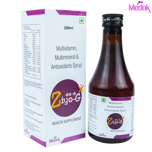 Product Name: Ziyo G, Compositions of are Multivitamin multimineral & antioxidants syrup - Medok Life Sciences Pvt. Ltd