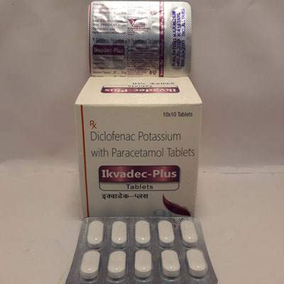 Product Name: Ikvadec Plus, Compositions of Ikvadec Plus are Diclofenac Potassium with Paracetamol Tablets - Ikvans Pharma