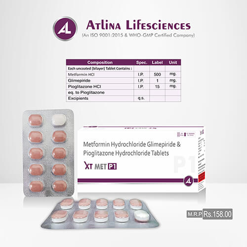 Product Name: XT Met P1, Compositions of XT Met P1 are Metfortin Hydrochloride,Glimepiride,Pioglitazone,Hydrochloride Tablets - Atlina LifeSciences Private Limited