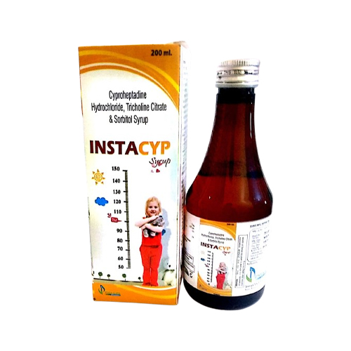 Product Name: INSTACYP, Compositions of INSTACYP are Cyproheptadine Hydrochloride, Tricholine citrate & Sorbitol Syrup - Insta Care Lifesciences