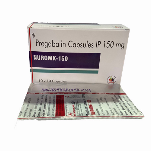 Product Name: NUROMK 150, Compositions of NUROMK 150 are Pregabalin Capsules IP 150 mg - MK Healthcare