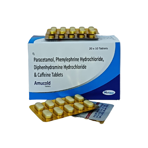 Product Name: Amucold, Compositions of Paracetamol,Phenylpherine  Hydrocloride,Diphenhydramine Hydrocloride and Caffeine Tablets are Paracetamol,Phenylpherine  Hydrocloride,Diphenhydramine Hydrocloride and Caffeine Tablets - Mediphar Lifesciences Private Limited