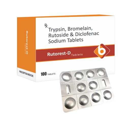 Product Name: RUTOREST D, Compositions of RUTOREST D are Trypsin, Bromelain, Rutoside & Diclofenac Sodium Tablets - Biopolis Lifesciences Private Limited