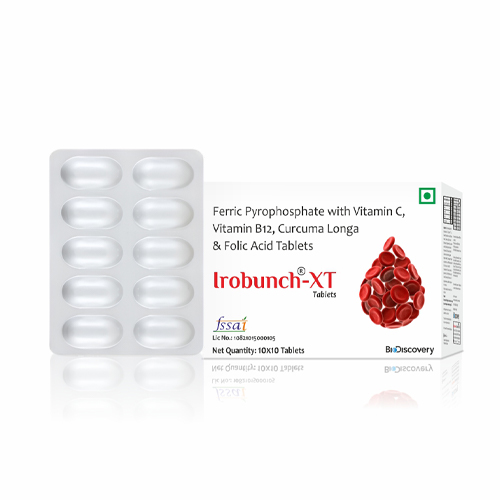 Product Name: Irobunch XT, Compositions of Irobunch XT are Ferric Pyrophosphate with Vitamin C, Vitamin B12, Curcuma Longa & Folic Acid Tablets - Biodiscovery Lifesciences Private Limited