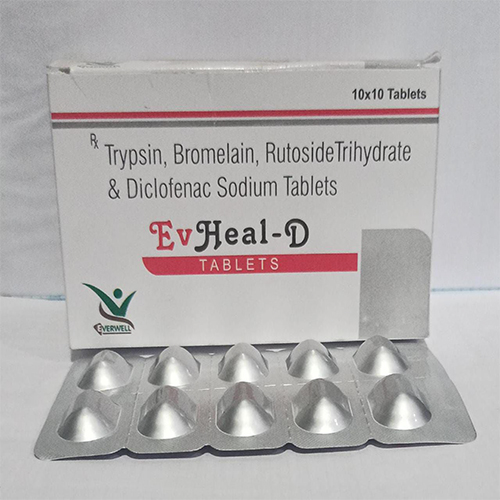 Product Name: EvHeal D , Compositions of EvHeal D  are Trypsin, Bromelain, Rutoside Trihydrate & Diclofenac Sodium Tablets  - Orange Biotech Private Limited