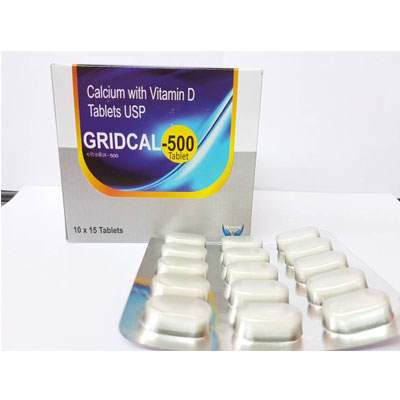 Product Name: GRIDCAL 500, Compositions of GRIDCAL 500 are Calcium Carbonate & Vitamin D Tablets  - Cubic Lifesciences Private Limited