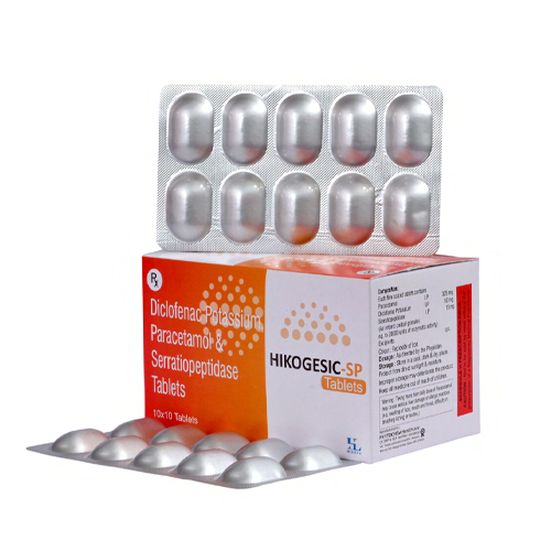 Product Name: HIKOGESIC SP, Compositions of HIKOGESIC SP are Diclofenac Potassium Paracetamo& Serratiopeptidase Tablets - Hikona Lifesciences