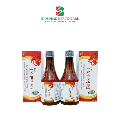 Product Name: FERICOD XT, Compositions of Feric Ammonium citrate, Vitamin B12, Folic Acid, Sorbitol 70%, Protein Hydrolysate Syrup  are Feric Ammonium citrate, Vitamin B12, Folic Acid, Sorbitol 70%, Protein Hydrolysate Syrup  - Biosquad Healthcare