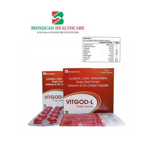 Product Name: VITGOD L, Compositions of VITGOD L are Lycopene, Lutein, Betacarotene, Grape Seed Extract, Selenium & Zinc Softgel Capsules - Biosquad Healthcare