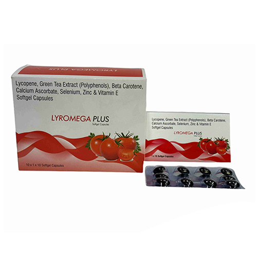 Product Name: LYROMEGA PLUS, Compositions of LYROMEGA PLUS are Lycopene, Green Tea Extract (Polyphenols), Beta Carotene, Calcium Ascorbate, Selenium, Zinc & Vitamin E Softgel Capsules - Zerdia Healthcare Private Limited