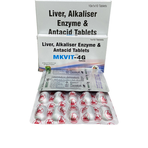 Product Name: MKVIT 4G, Compositions of MKVIT 4G are Liver, Alkaliser Enzyme & Antacid Tablets - MK Healthcare