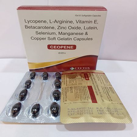 Product Name: Ceopene, Compositions of Ceopene are Lycopene,L-Arginine,Vitamin E,Betacarotene,Zinc Oxide,Lutein,Selenium,Manganese & Copper Soft Gelatin Capsules - Ceetox HealthCare Private Limited