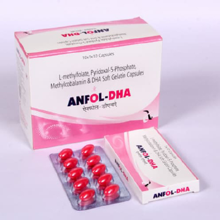 Product Name: Anfol DHA, Compositions of Anfol DHA are L-methylfolate, Pyridoxal-5 Phosphate, Methylcobalamin & DHA Softgel Gelatin Capsules - Aingo Pharma Private Limited