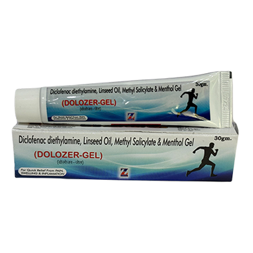 Product Name: DOLOZER GEL, Compositions of are Diclofenac diethylamine, Linseed Oil, Methyl Salicylate & Menthol Gel - Zerdia Healthcare Private Limited