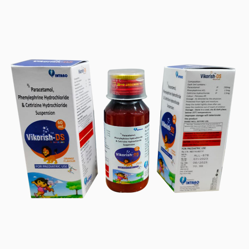 Product Name: VIKORISH DS, Compositions of VIKORISH DS are Paracetamol, Phenylephrine Hydrochloride, Cetirizine Hydrochloride Suspension - Access Life Science