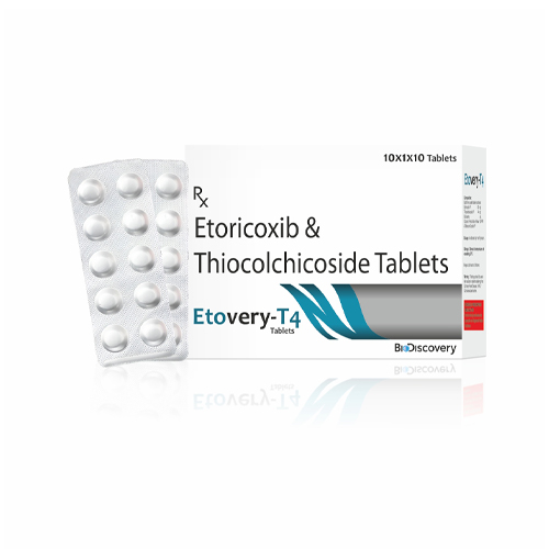 Product Name: Etovery T4, Compositions of Etovery T4 are Etoricoxib & Thiocolchicoside Tablets - Biodiscovery Lifesciences Private Limited