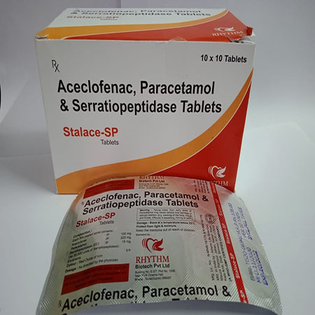 Product Name: Stalace SP, Compositions of Stalace SP are Aceclofenac, Paracetamol & Serratiopeptidase Tablets - Rhythm Biotech Private Limited