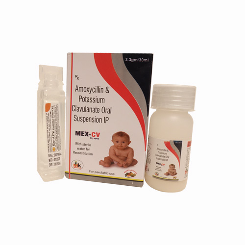 Product Name: MEX CV, Compositions of MEX CV are Amoxycillin & Potassium Clavulanate Oral Suspension IP - MK Healthcare