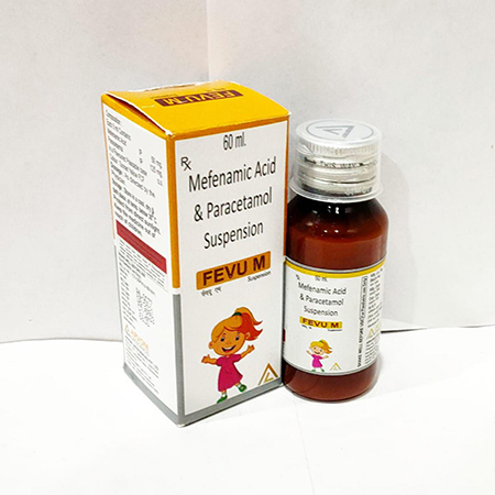 Product Name: Fevu M, Compositions of Fevu M are Mefenamic Acid & Paracetamol Suspension - Arvoni Lifesciences Private Limited